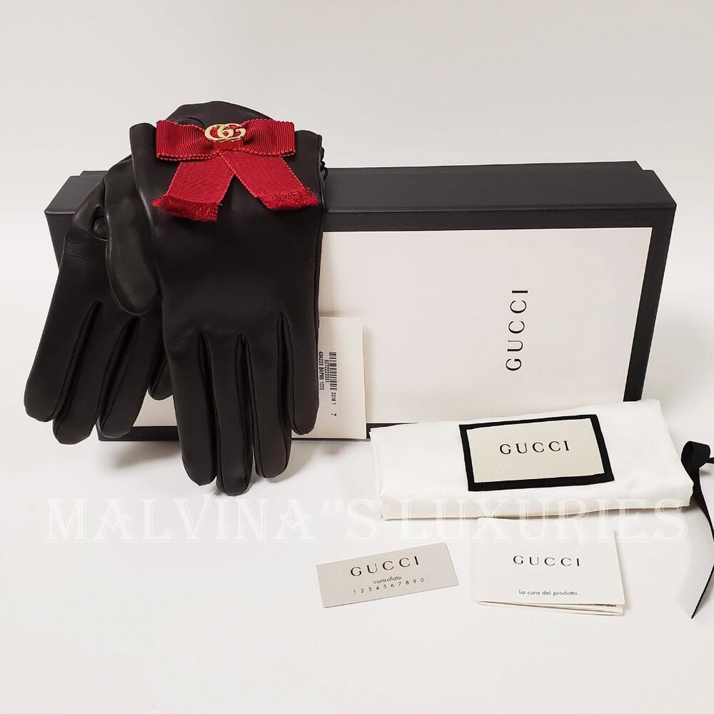 GUCCI GLOVES 434223 BLACK LEATHER GROSGRAIN BOW G LOGO sz S / 7 - Picture 6 of 16